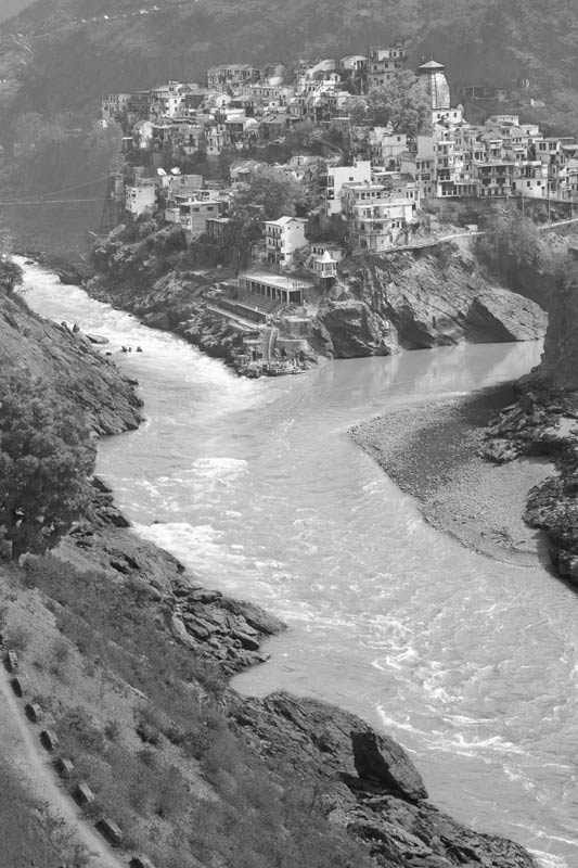 Confluence of rivers Bhagirathi and Alakananda at Devaprayag in district Tehri Garhwal, Uttarakhand